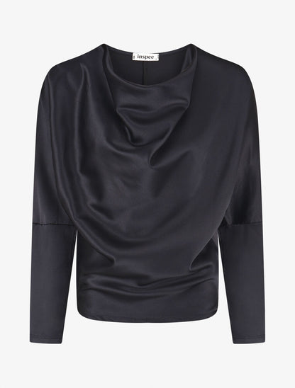 Blouse fluide unie effet satiné - Bleu nuit - 1