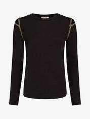 Pull fin à épaules ajourées et empiècements fantaisie - Noir - 1