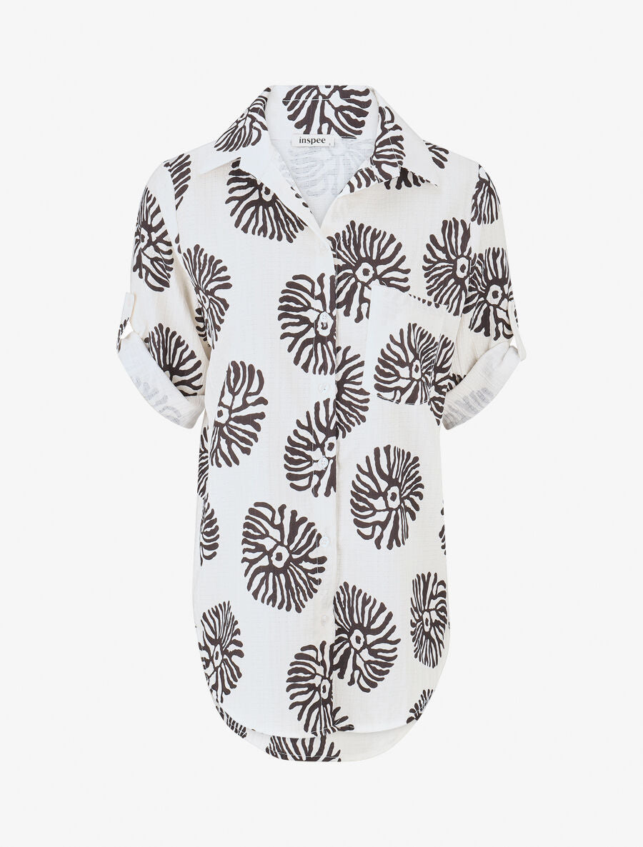 Chemise à manches retroussables imprimé anémones - Noir - 1