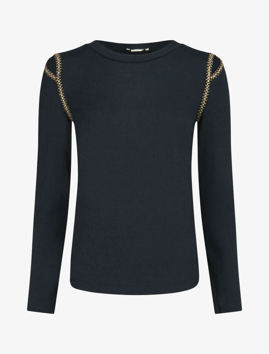 Pull fin à épaules ajourées et empiècements fantaisie - Marine - 1