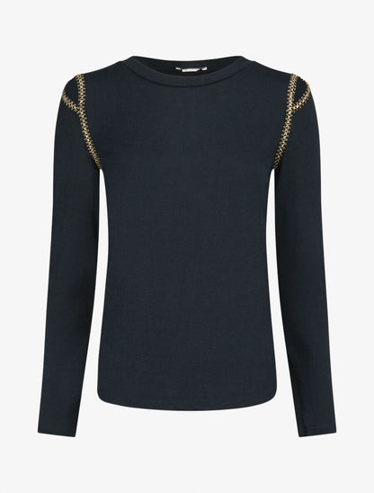 Pull fin à épaules ajourées et empiècements fantaisie - Marine - 1