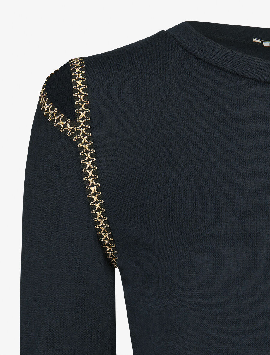 Pull fin à épaules ajourées et empiècements fantaisie - Marine - 3