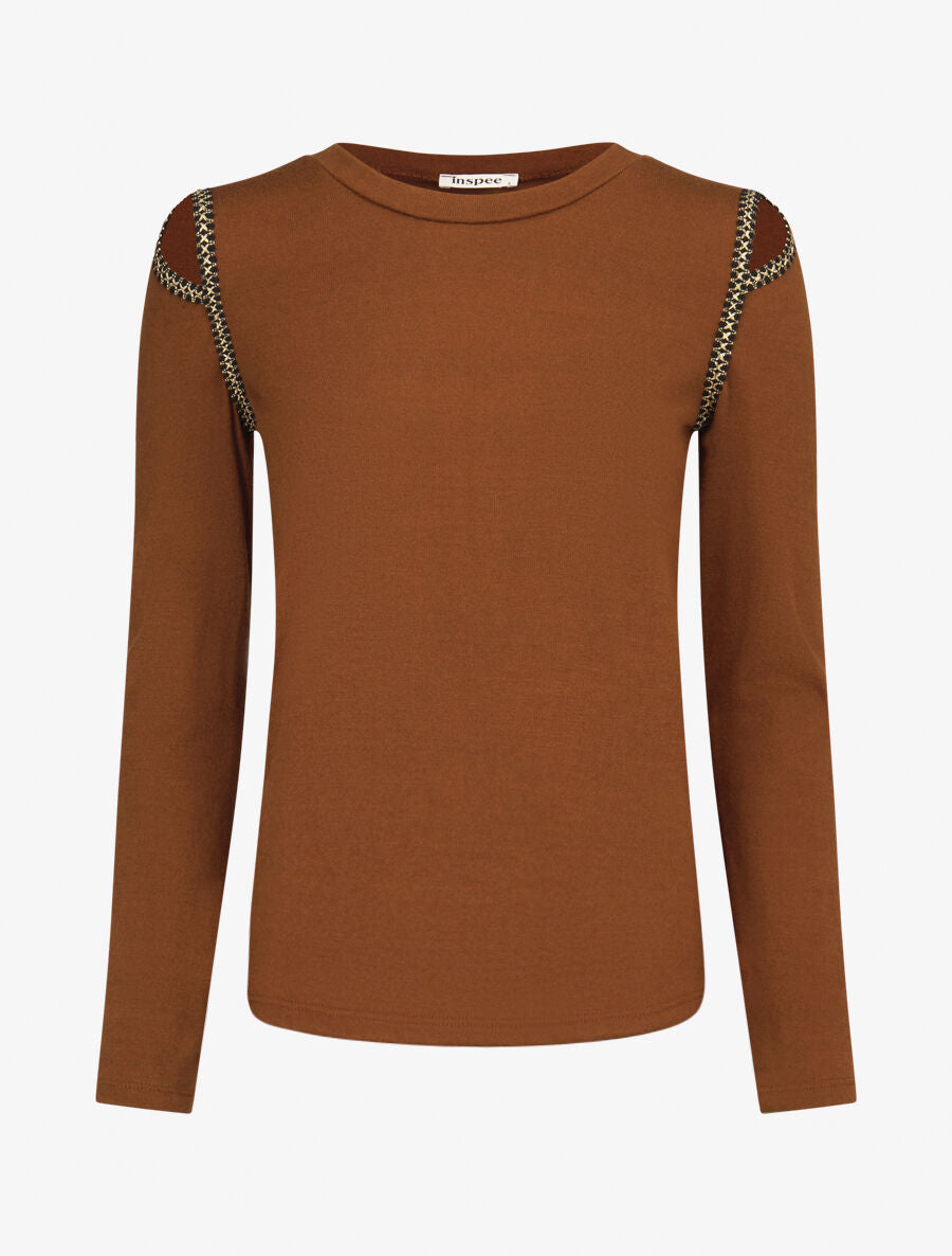 Pull fin à épaules ajourées et empiècements fantaisie - Camel - 4