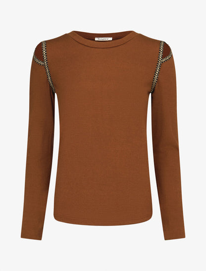 Pull fin à épaules ajourées et empiècements fantaisie - Camel - 4