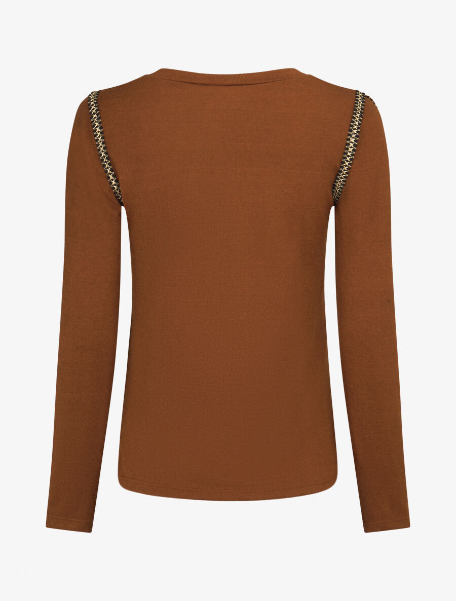 Pull fin à épaules ajourées et empiècements fantaisie - Camel - 2