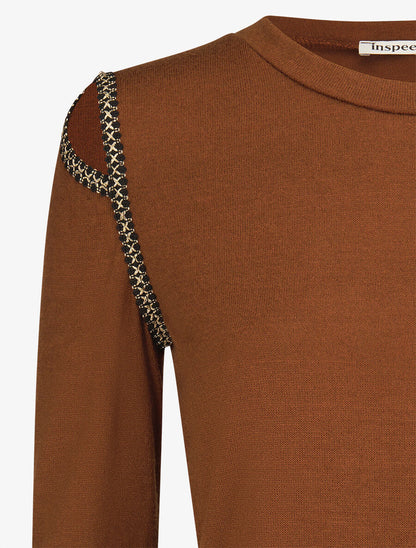 Pull fin à épaules ajourées et empiècements fantaisie - Camel - 3