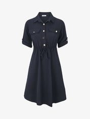 Robe mi-longue unie élastiquée - Marine - 1