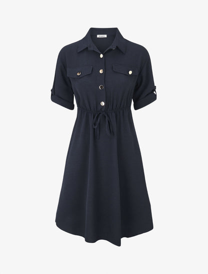 Robe mi-longue unie élastiquée - Marine - 1