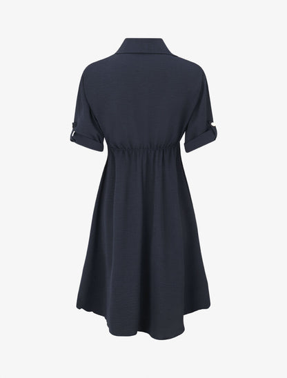 Robe mi-longue unie élastiquée - Marine - 2