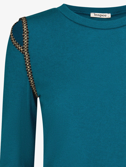 Pull fin à épaules ajourées et empiècements fantaisie - Bleu canard - 3
