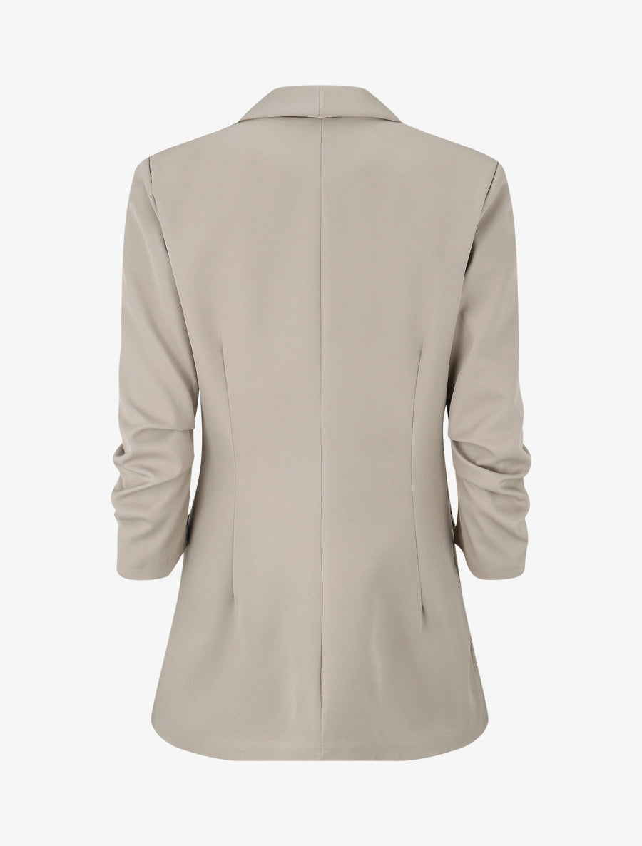 Einfarbiger gerader Blazer mit gerafften Ärmeln - Beige