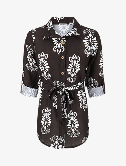 Chemise manches rabattables et motif arabesque - Noir - 1