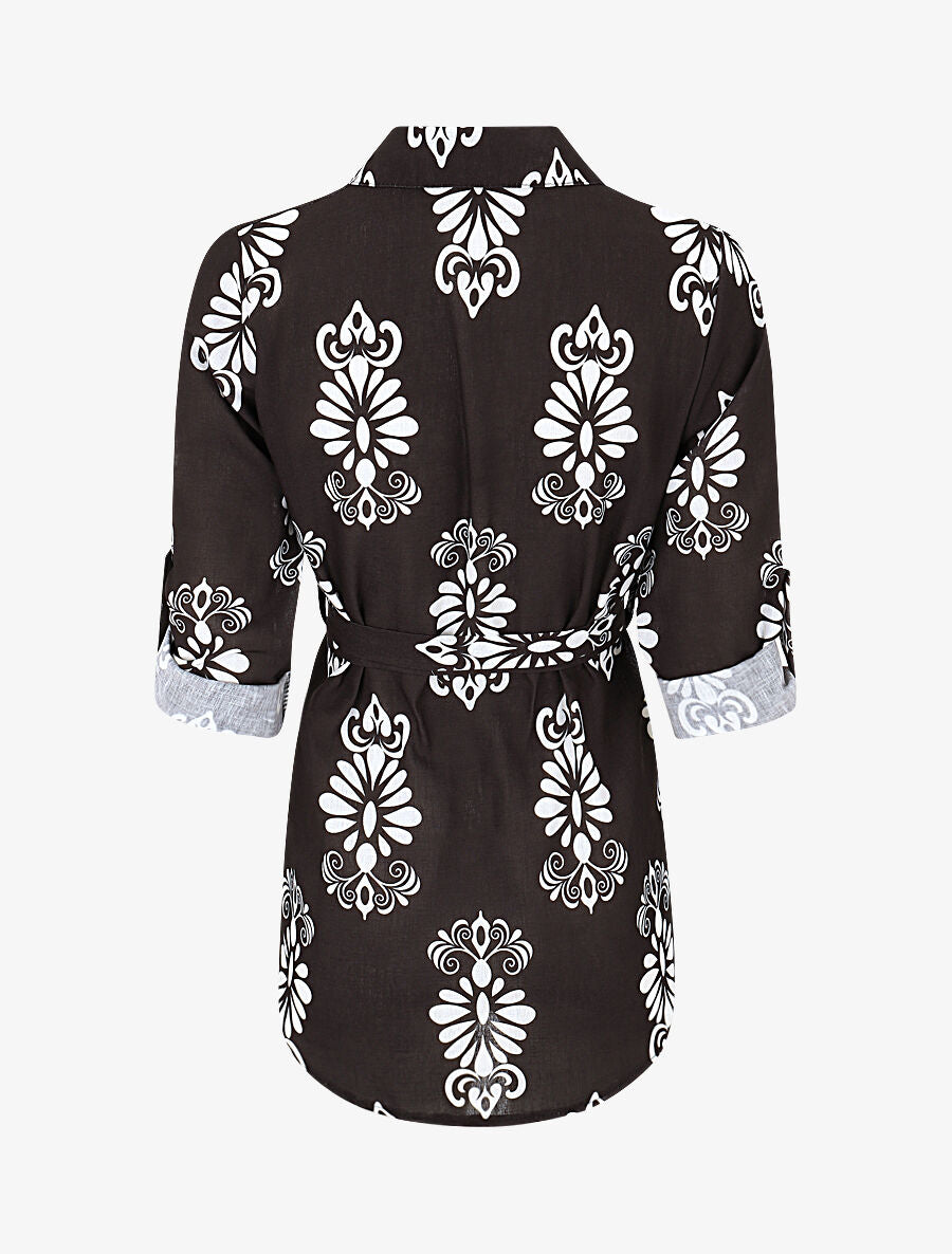 Chemise manches rabattables et motif arabesque - Noir - 2