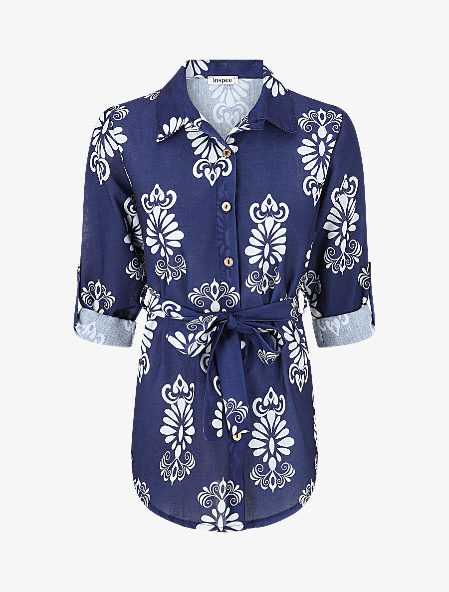 Chemise manches rabattables et motif arabesque - Bleu foncé - 1
