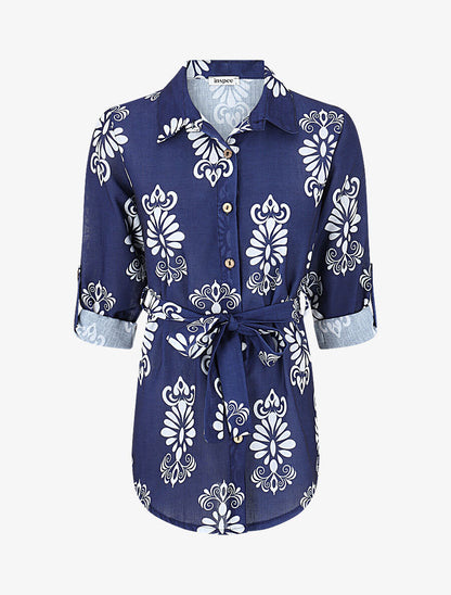 Chemise manches rabattables et motif arabesque - Bleu foncé - 1