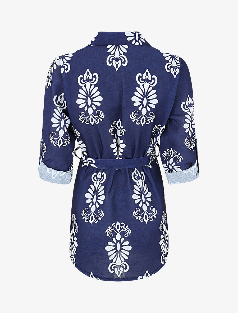 Chemise manches rabattables et motif arabesque - Bleu foncé - 2