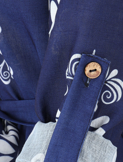 Chemise manches rabattables et motif arabesque - Bleu foncé - 3