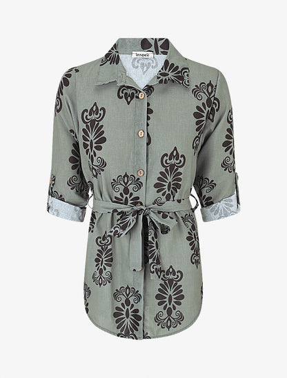 Chemise manches rabattables et motif arabesque - Vert olive - 1