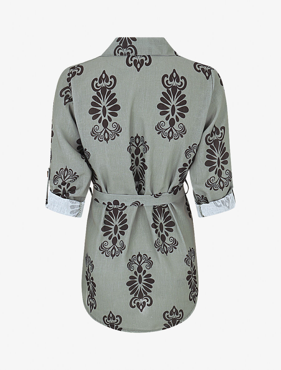 Chemise manches rabattables et motif arabesque - Vert olive - 2