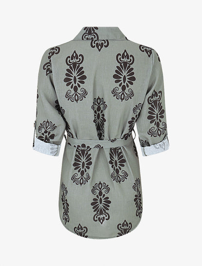 Chemise manches rabattables et motif arabesque - Vert olive - 2