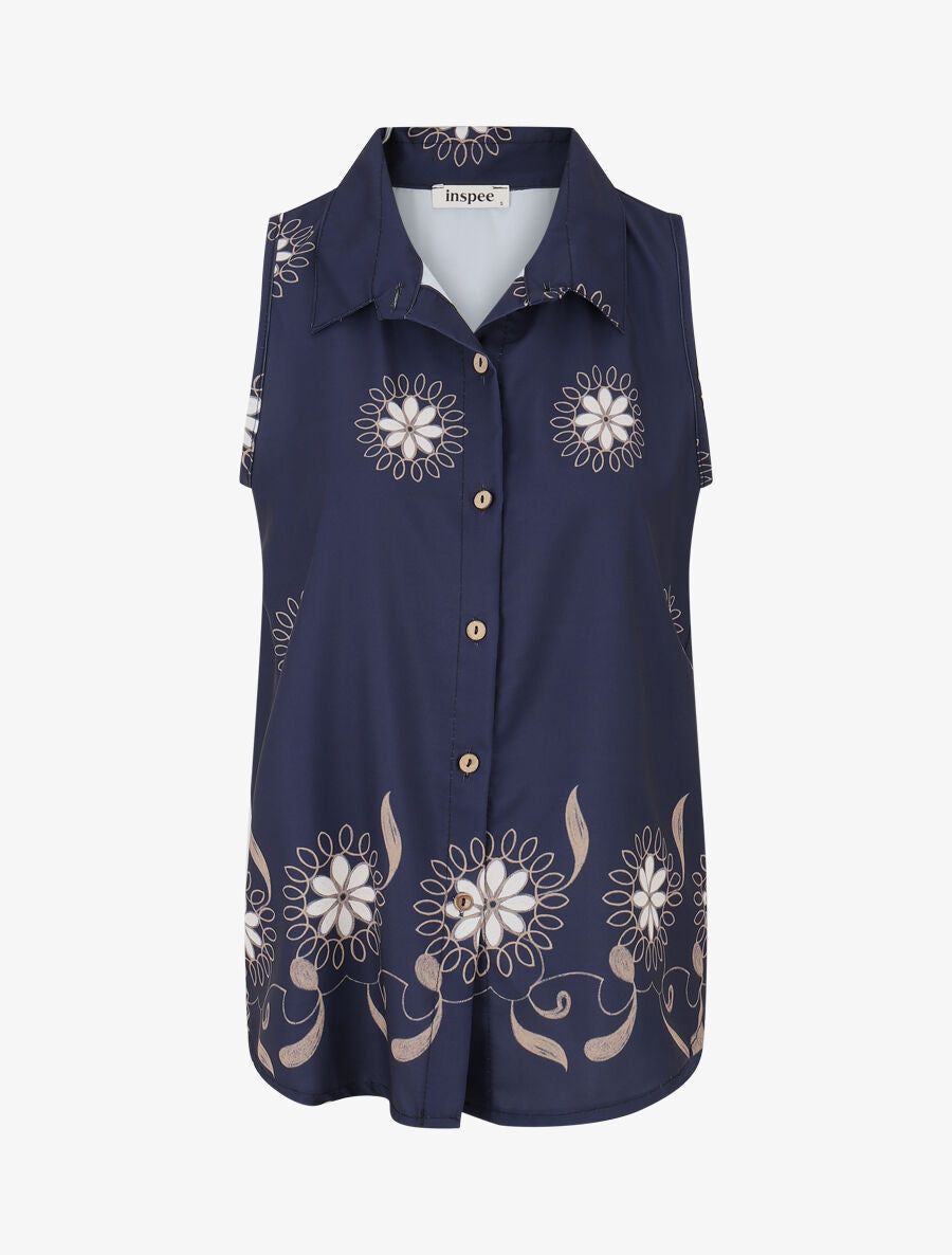 Chemise sans manches imprimé floral - Marine - 1