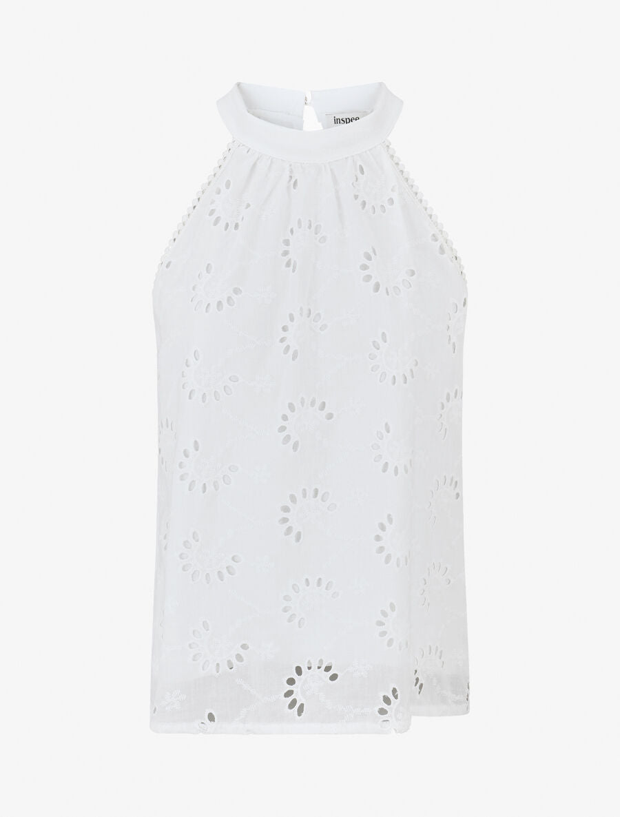 Top sans manches en broderie anglaise col américain - Blanc - 4