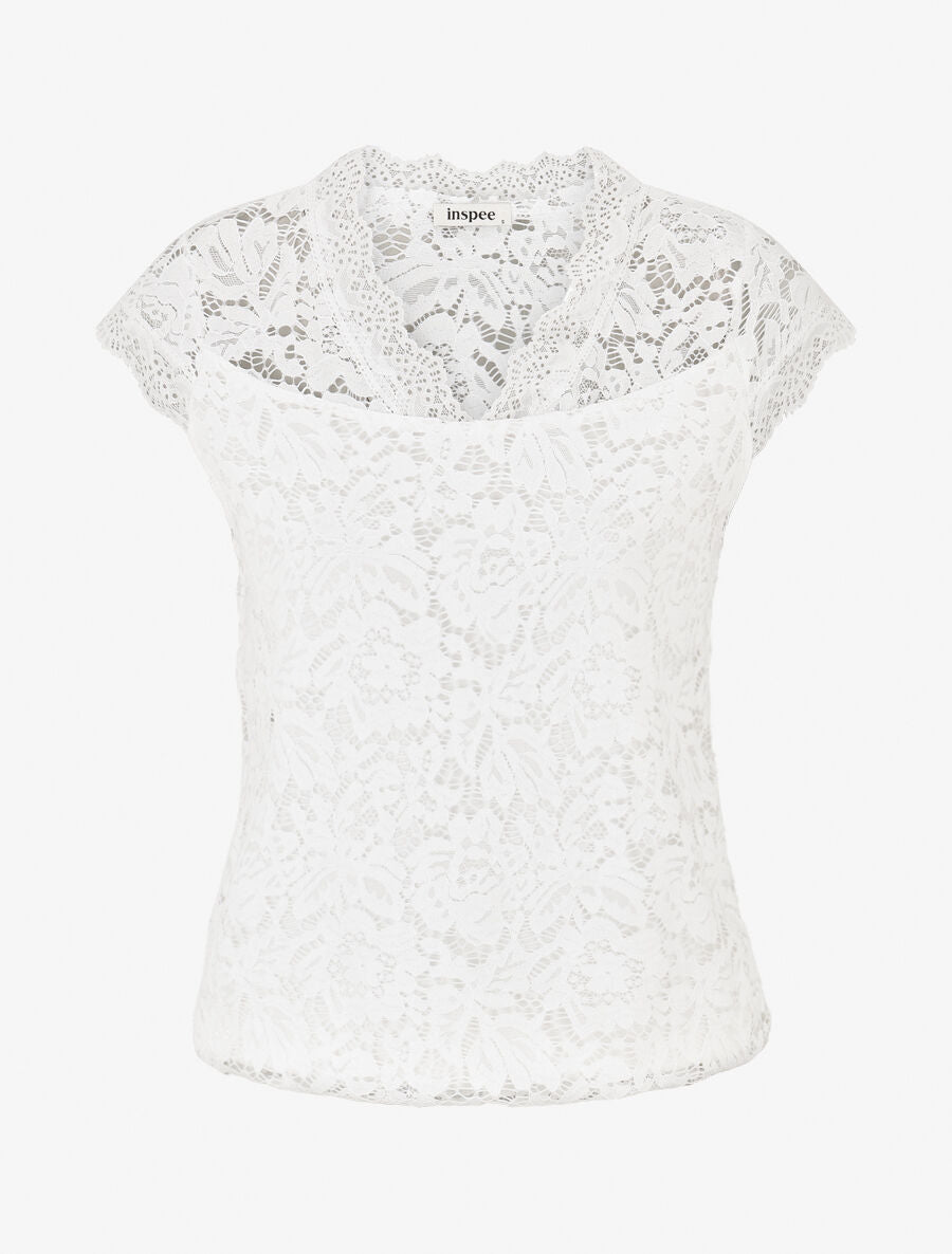 Top droit en dentelle col V - Blanc - 4