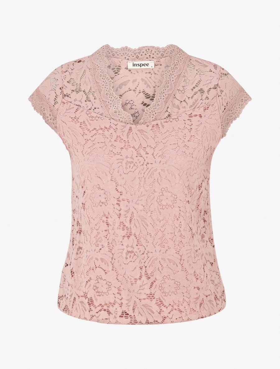 Top droit en dentelle col V - Rose - 1