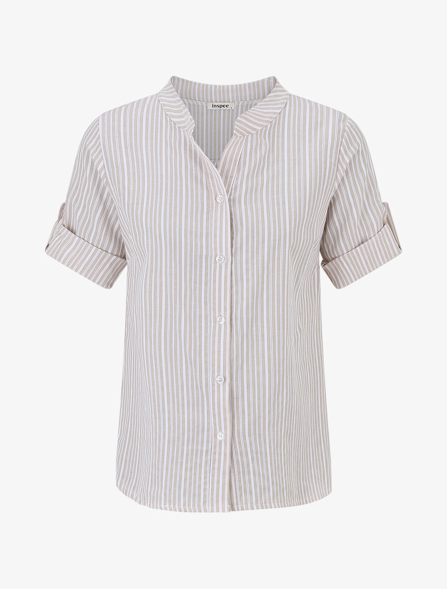 Chemise manches 3/4 à rayures - Beige - 1