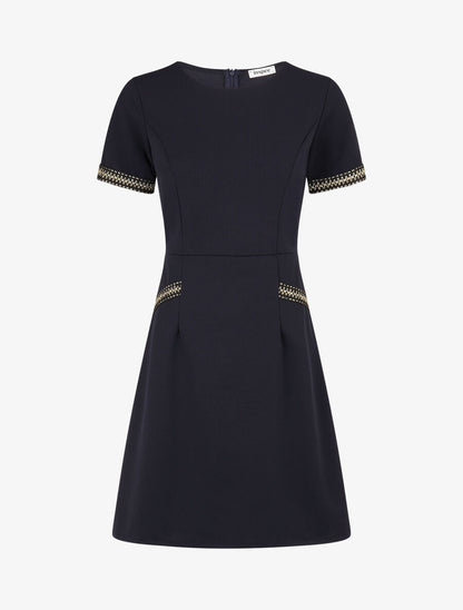 Robe ajustée à broderie dorée - Marine - 1