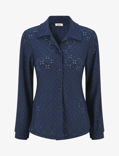 Chemise ajourée à manches longues - Marine - 1