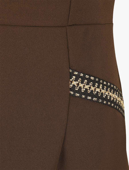Robe ajustée à broderie dorée - Marron - 3