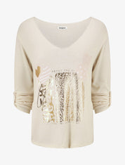 Pull fin à flocage irisé et manches retroussables - Beige - 4