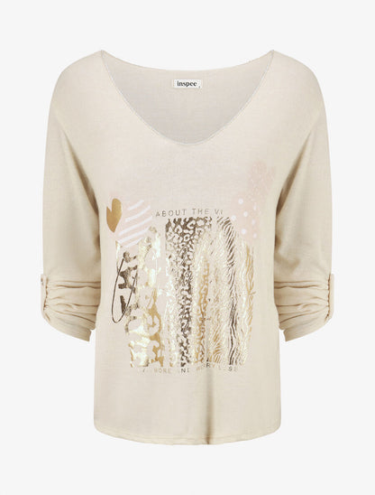 Pull fin à flocage irisé et manches retroussables - Beige - 4