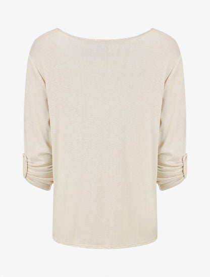 Pull fin à flocage irisé et manches retroussables - Beige - 2