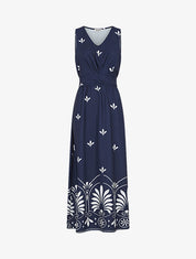 Robe longue sans manches à fleurs style arabesque - Marine - 1