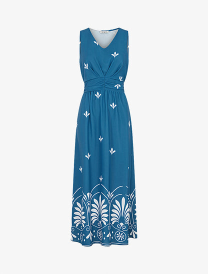 Robe longue sans manches à fleurs style arabesque - Bleu canard - 4