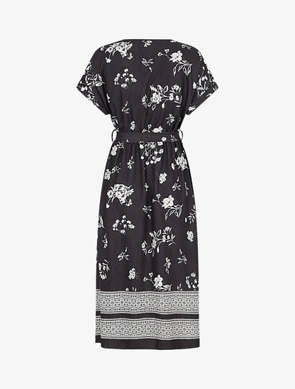 Robe longue manches courtes motif floral - Noir - 2