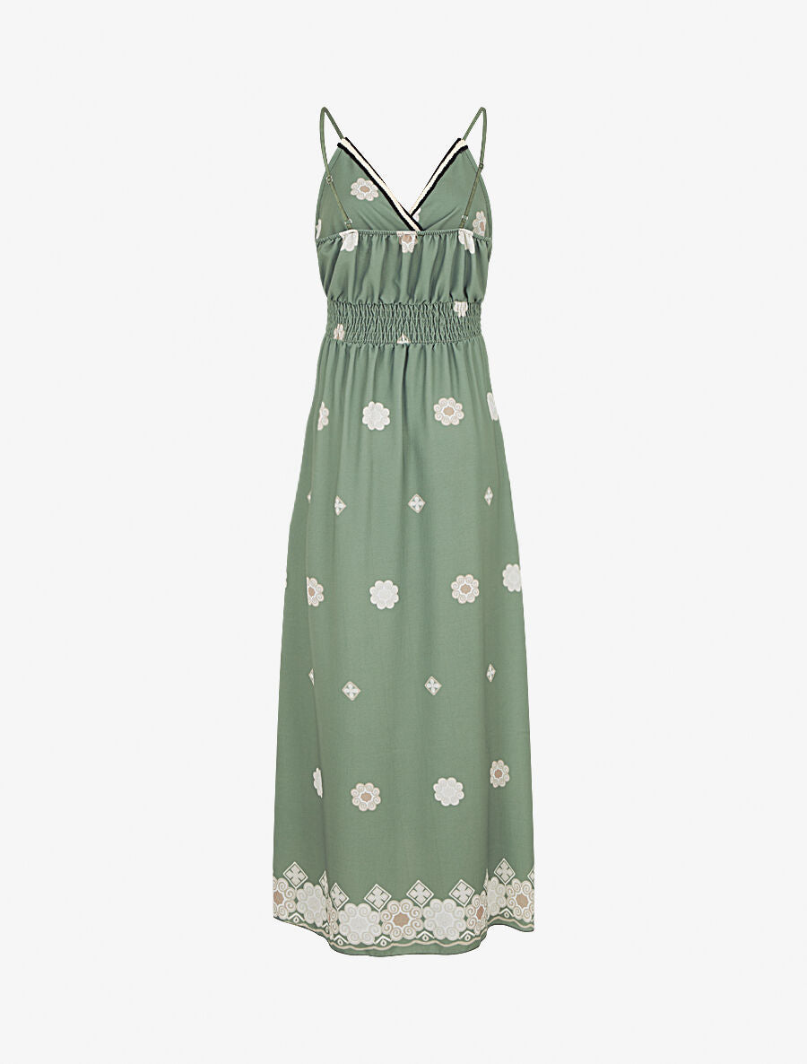Robe longue fines bretelles et motif floral - Kaki - 2