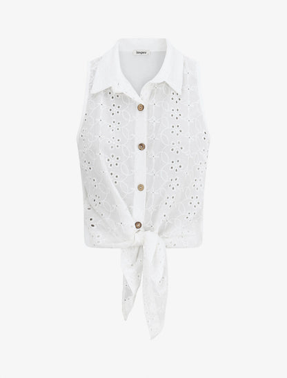 Blouse unie boutonnée sans manches - Blanc - 4