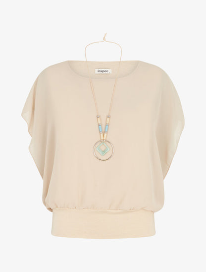 Top uni en voile à manches volantées - Beige - 1