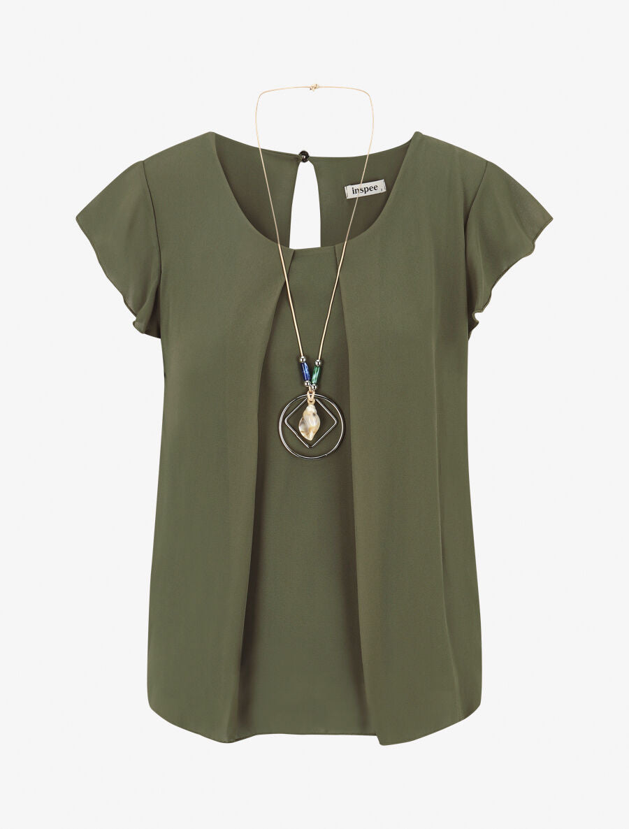 Blouse en voile transparente à manches volantées - Kaki - 4