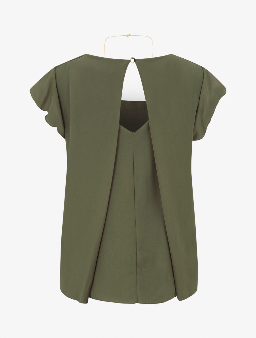 Blouse en voile transparente à manches volantées - Kaki - 2