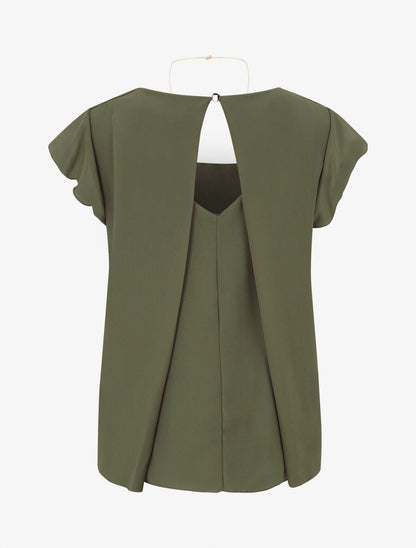 Blouse en voile transparente à manches volantées - Kaki - 2