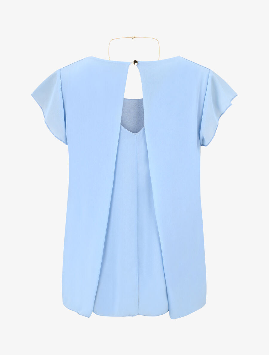 Blouse en voile transparente à manches volantées - Bleu - 2