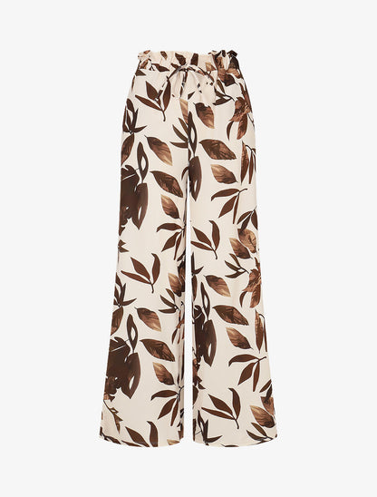 Pantalon imprimé feuillage à taille élastiquée - Marron - 4