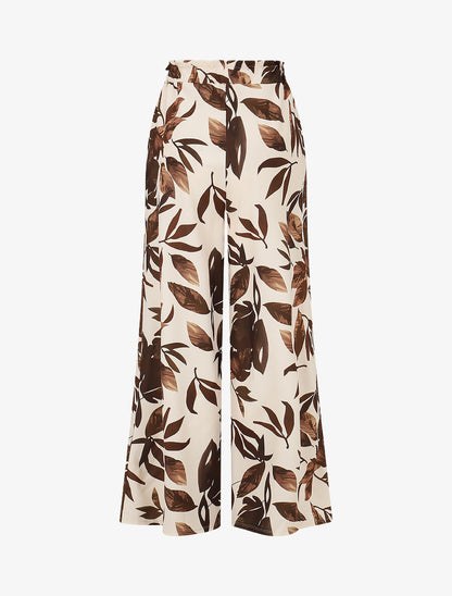 Pantalon imprimé feuillage à taille élastiquée - Marron - 2