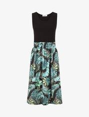 Robe midi évasée sans manches imprimé tropical - Noir - 1
