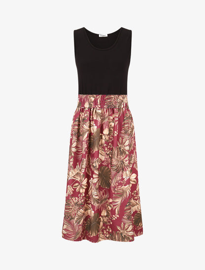 Robe midi évasée sans manches imprimé tropical - Bordeaux - 4