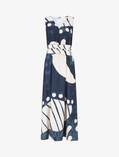 Robe longue élastiquée imprimé fantaisie - Marine - 1